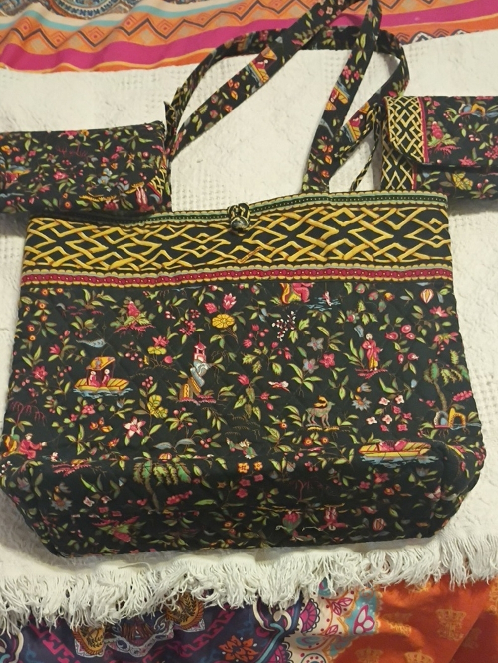 Vera Bradley 3 Piece Retired Ming Black Floral Quilted Bag with Yellow Trim